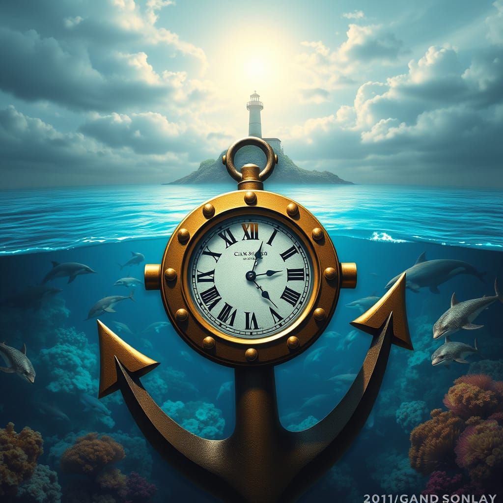 Intricate Ship Anchor Clock Amidst Oceanic Wonders