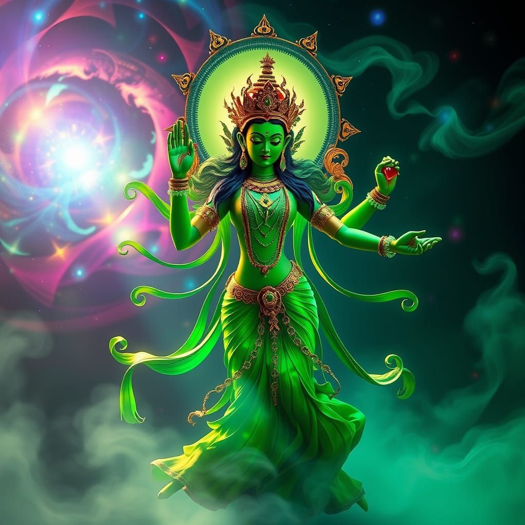Regal Green Tara Dances in Celestial Harmony