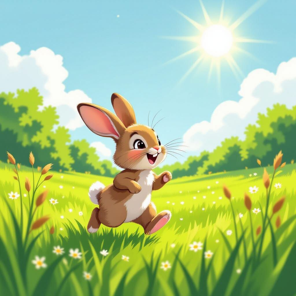 Joyful Rabbit in Sunny Meadow Storybook Illustration