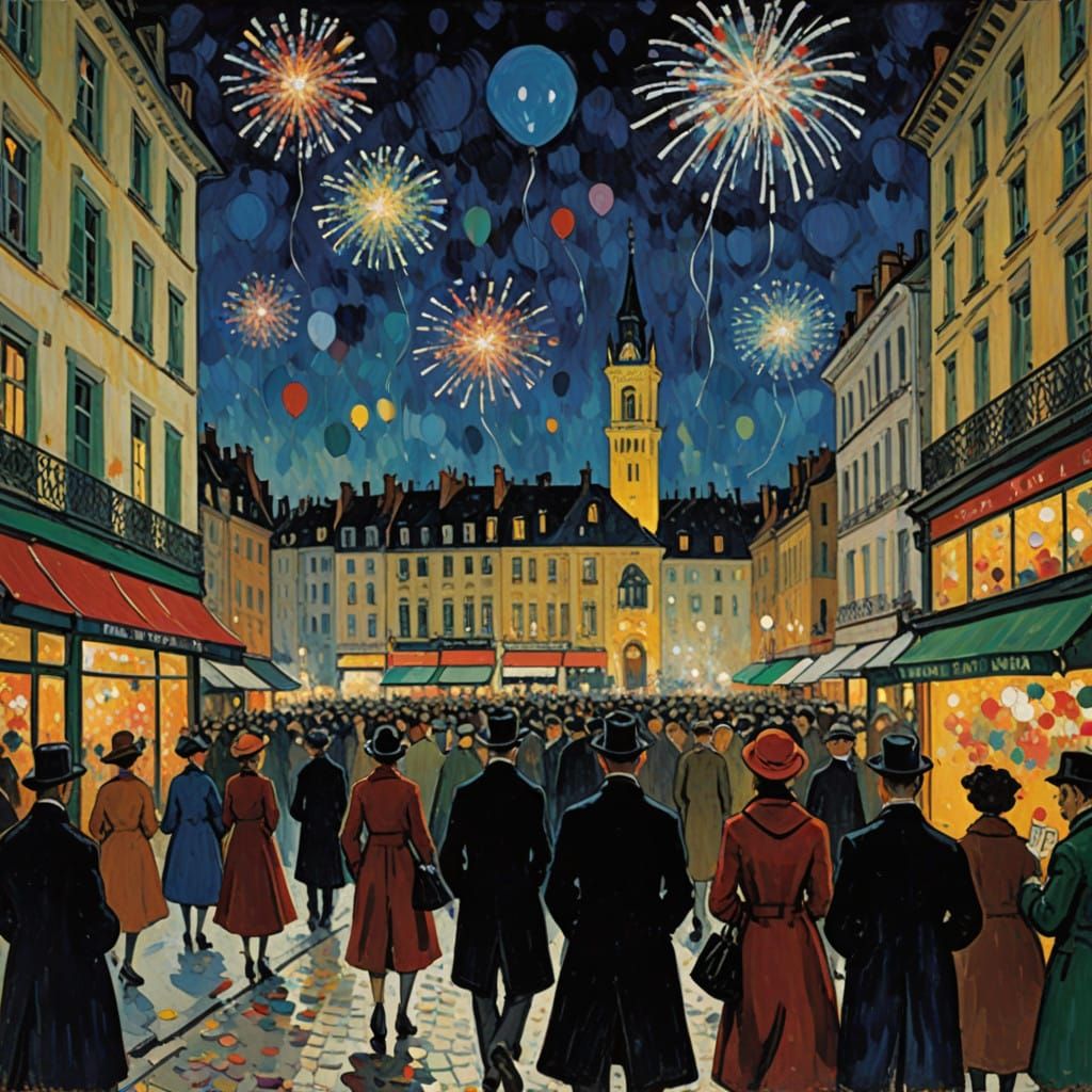 Vibrant City New Year's Eve in Neo-Impressionist Style