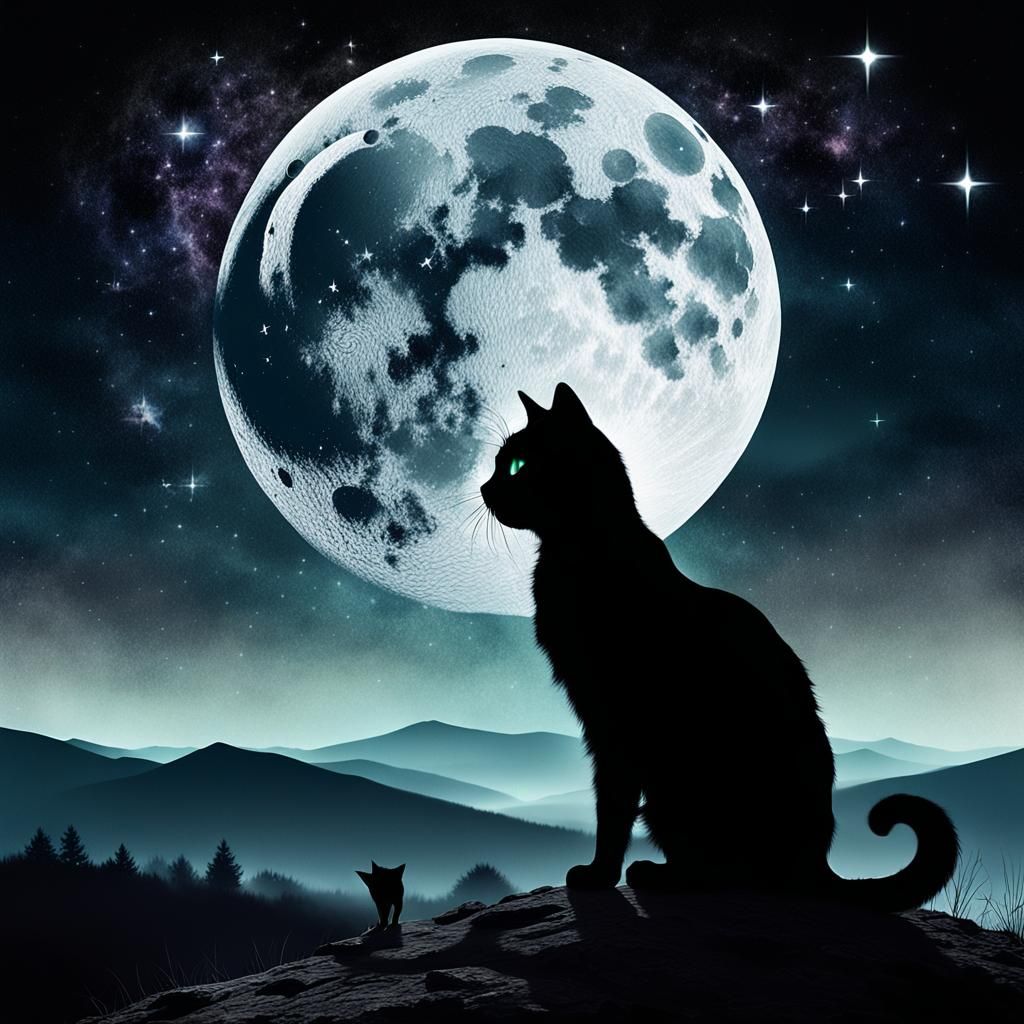 Eerie Cat Silhouette Gazing at Moon in Surreal Landscape