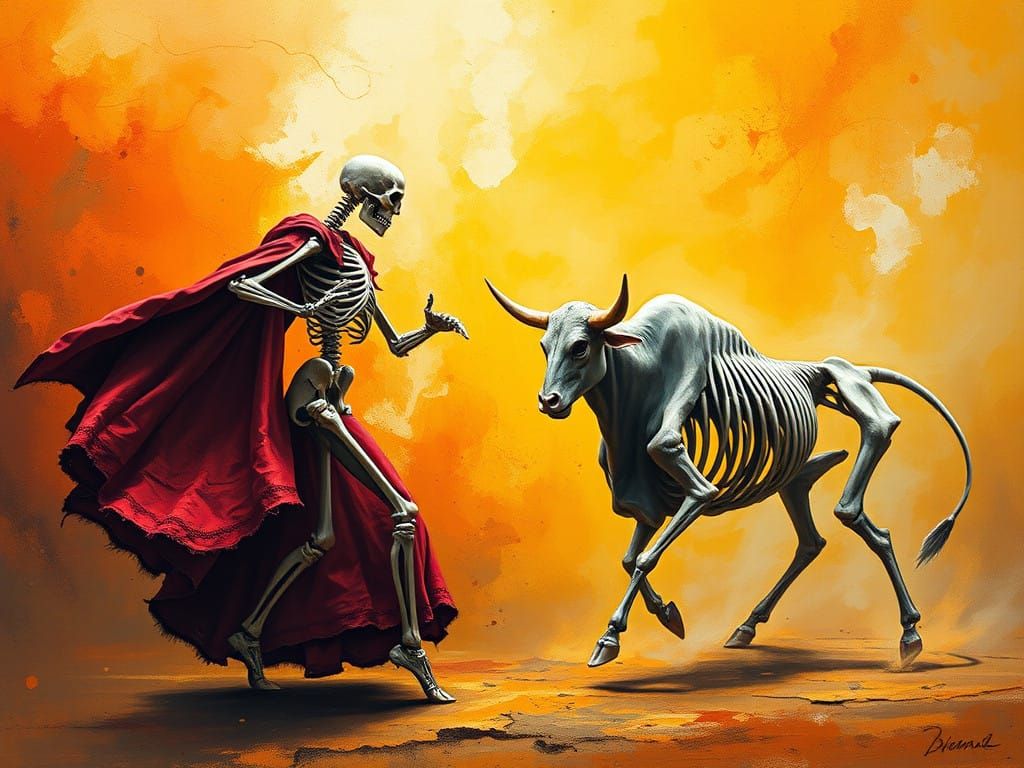 Skeletal Matador Dances with Ghostly Bull in Fiery Surrealis...