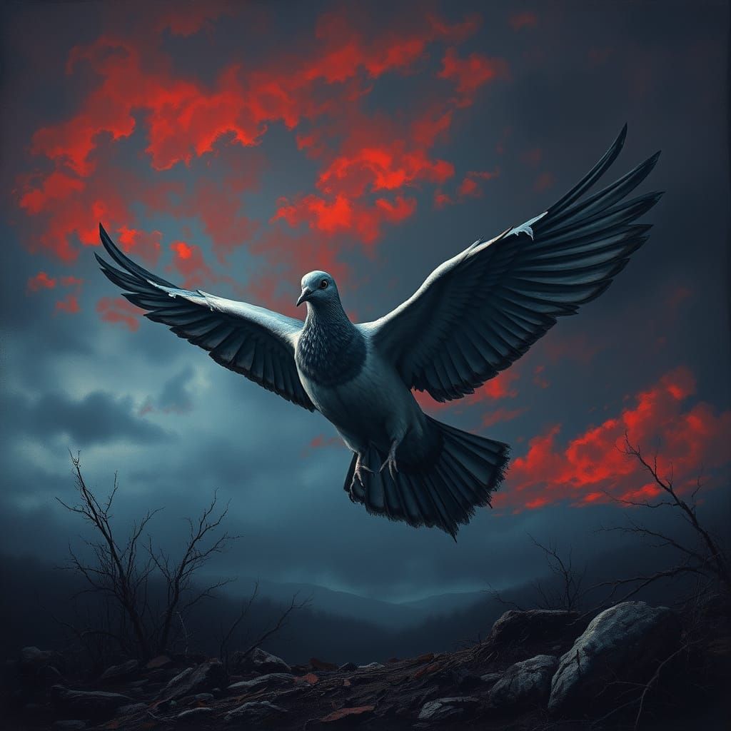 Dove in Ominous Landscape as Dark Mystical Realism