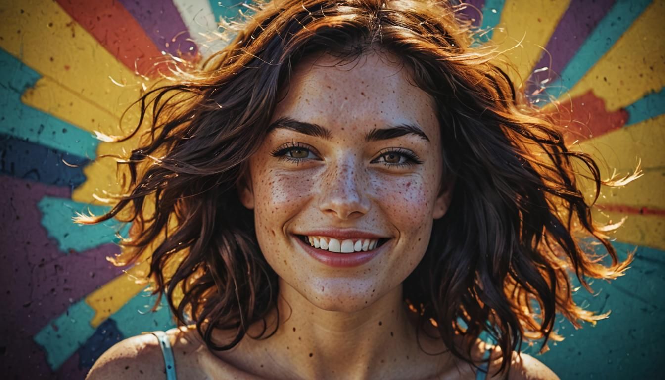Pop Art Portrait of Smiling Freckled Woman