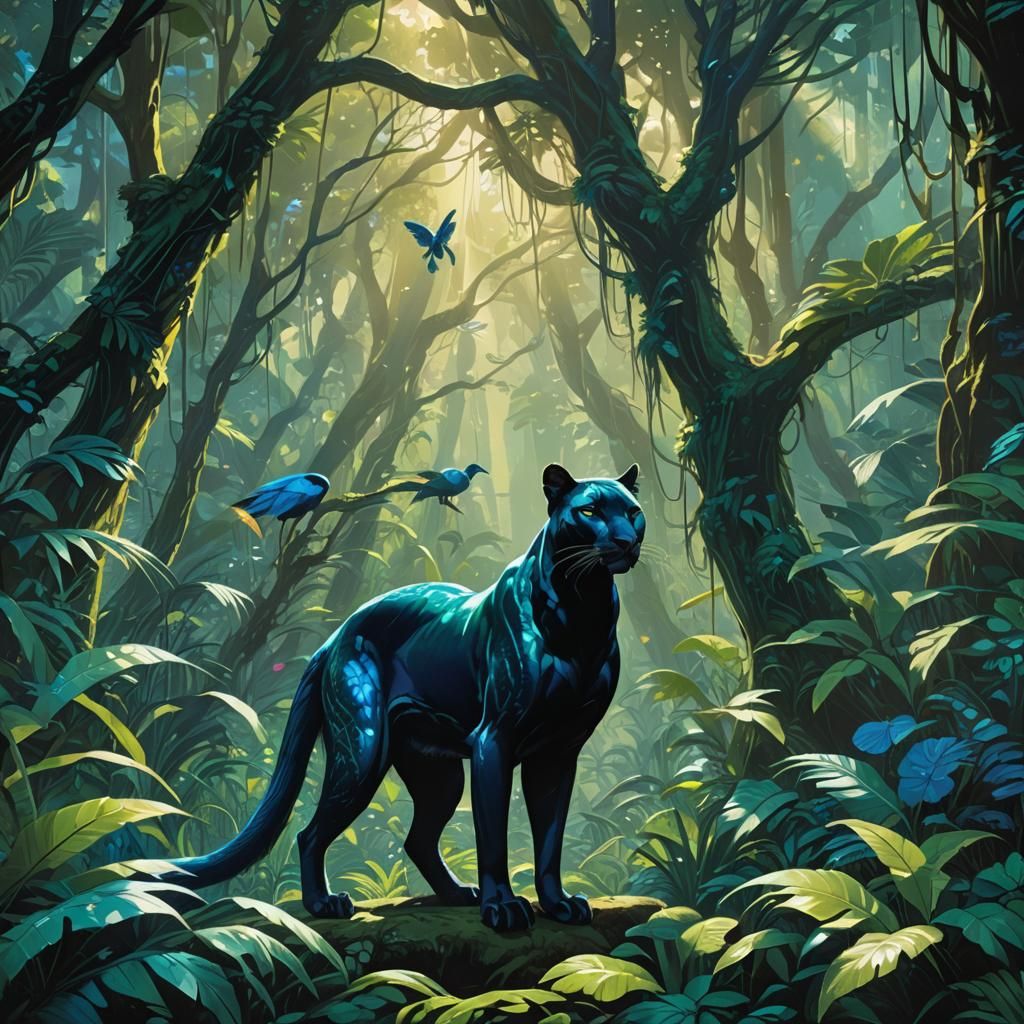 Panther and Peacock Hybrid in Rainforest: Fantasy Art