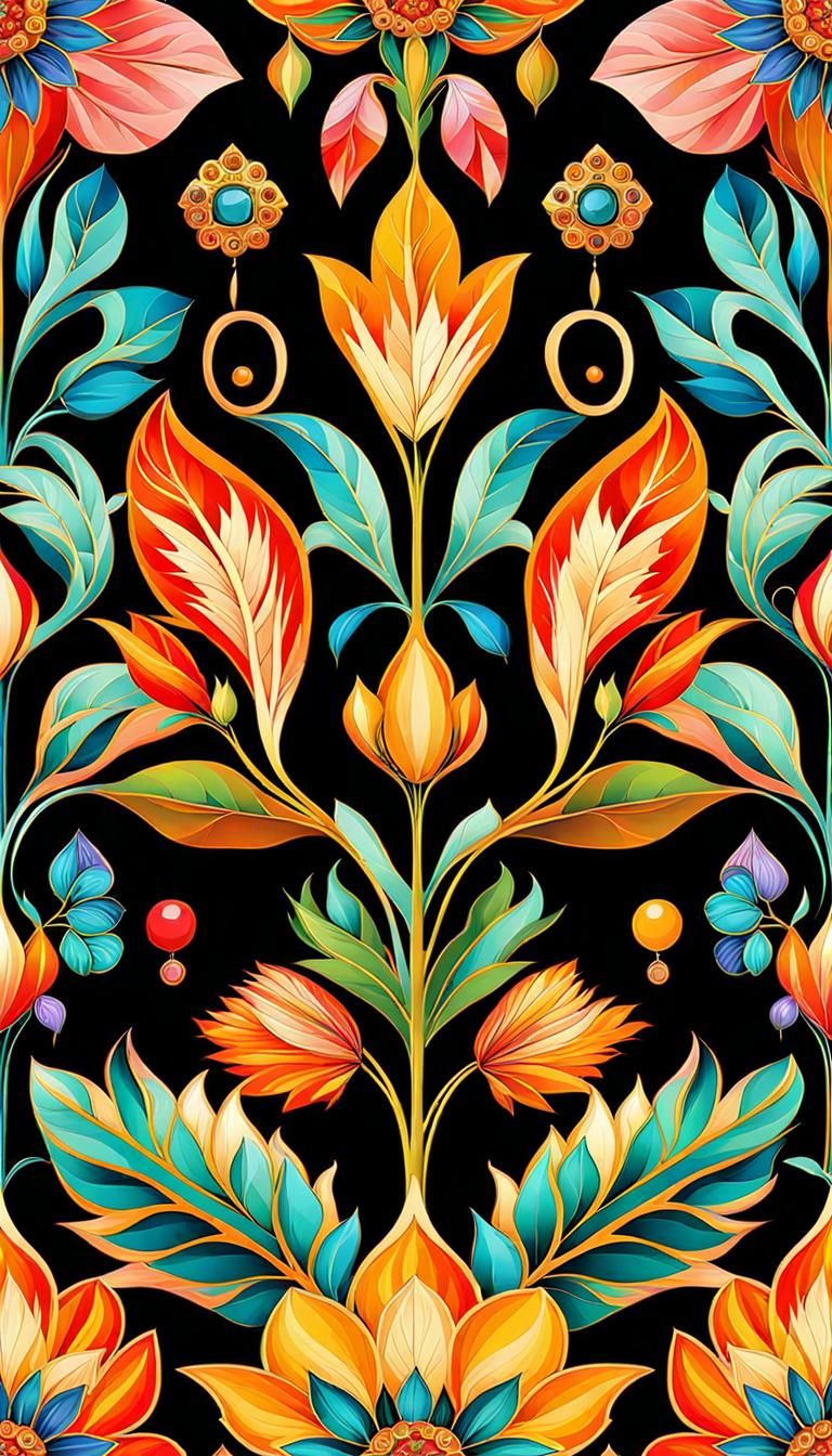 Autumnal Folk Art Pattern with Crystals and Jewels