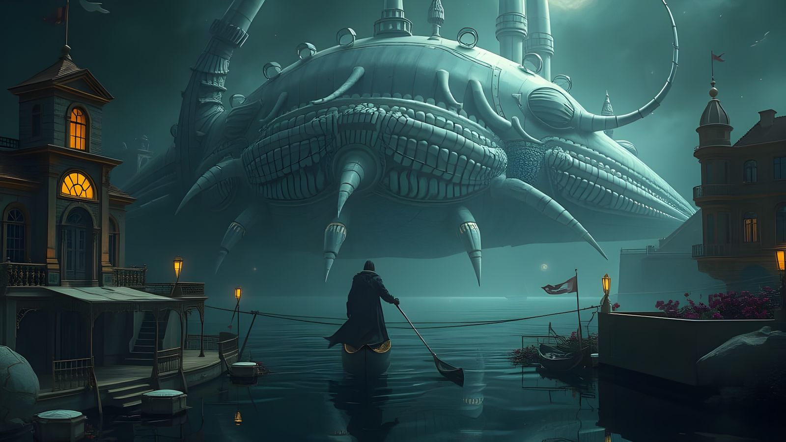 City on Space Whale in Beksiński Style