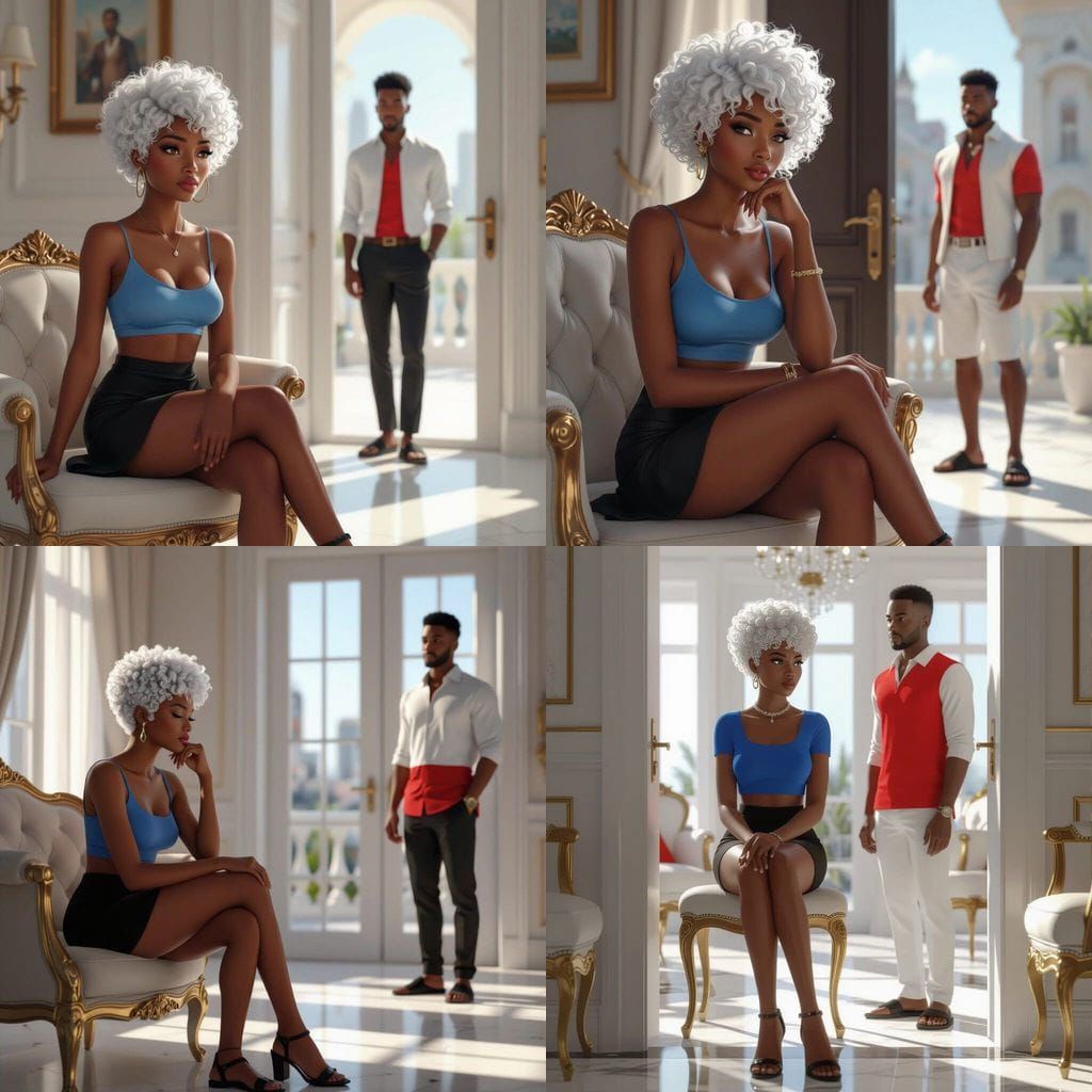 Sad African Woman in Luxurious Parlor, Animated Style