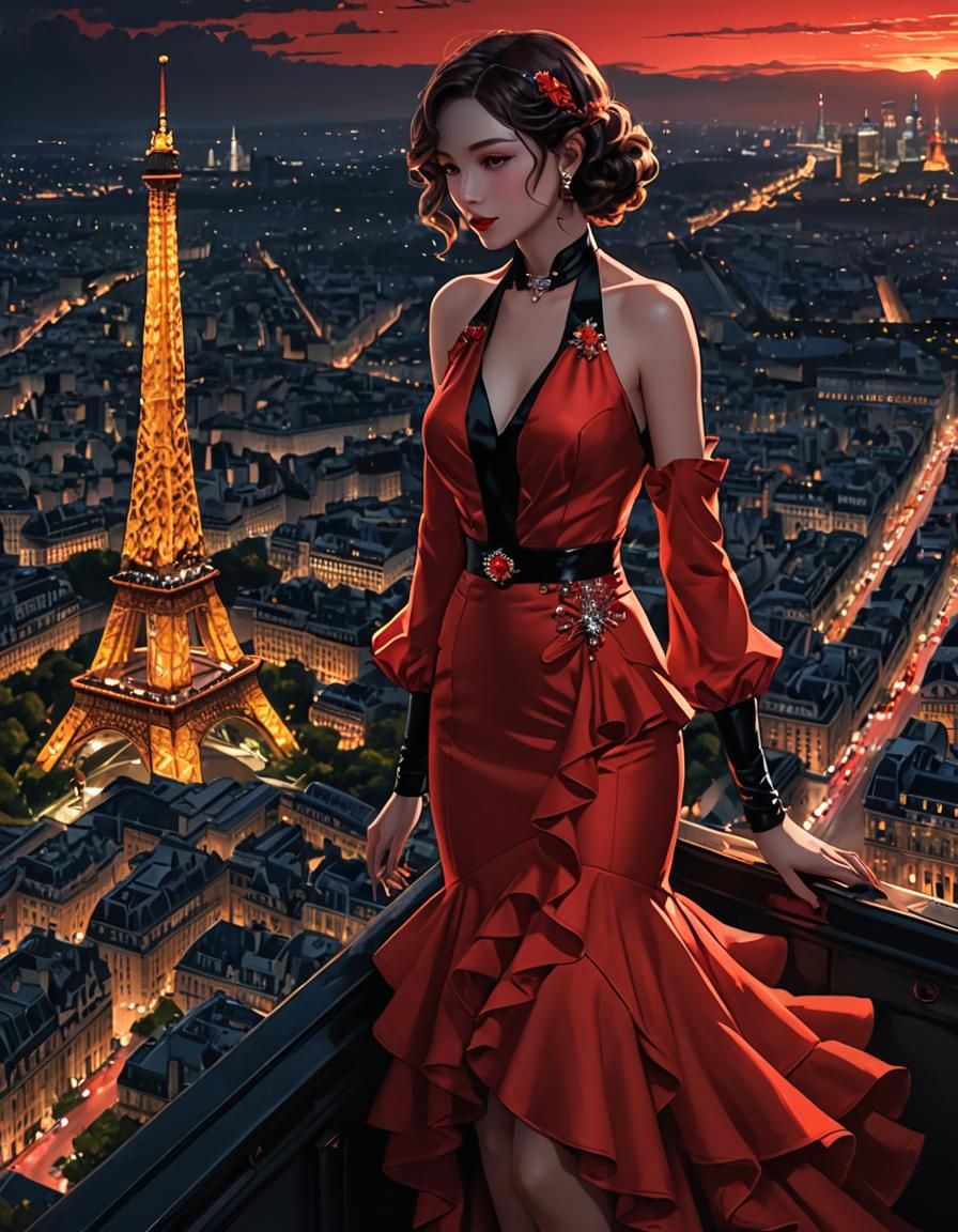 Eiffel Tower View: 1930s Red Dress in Anime Style