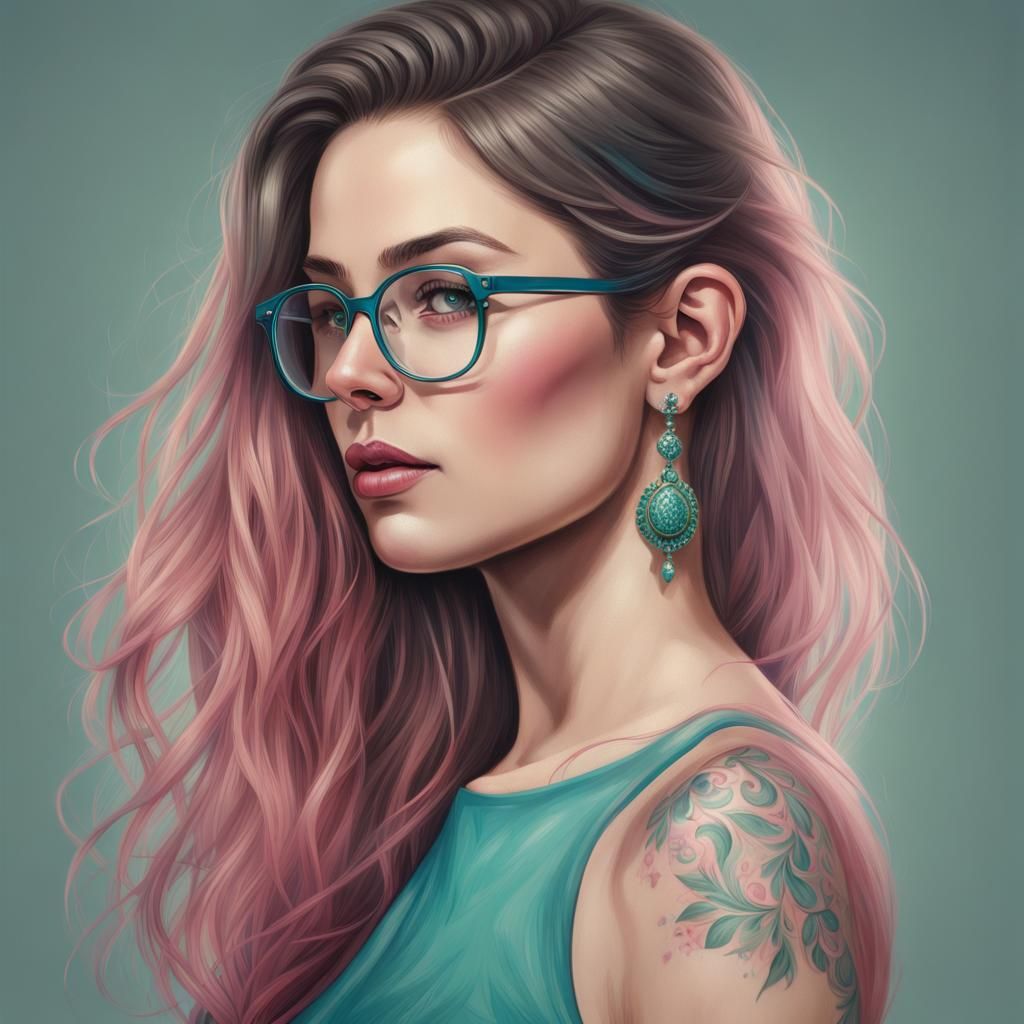 Detailed Portrait of Young Woman with Colorful Hair