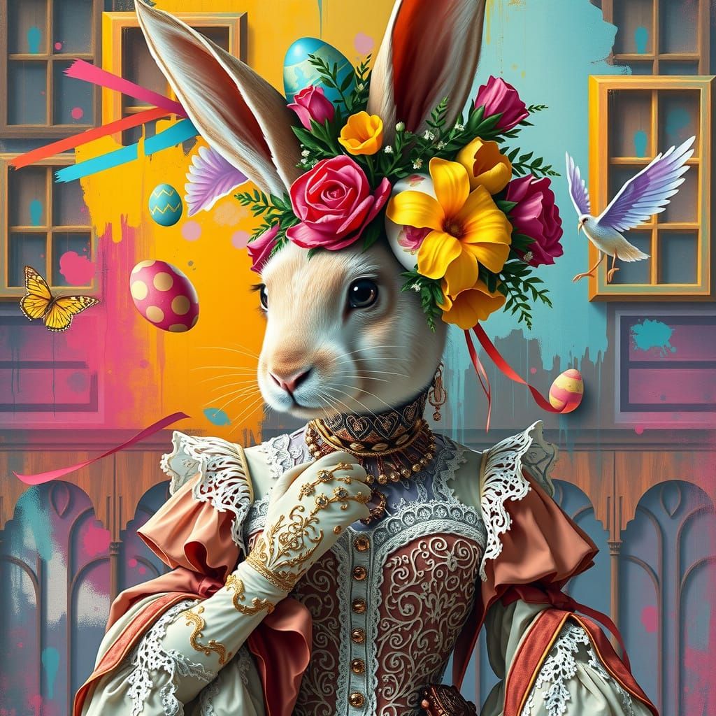 Victorian Easter Bunny in Vibrant Street Art Style
