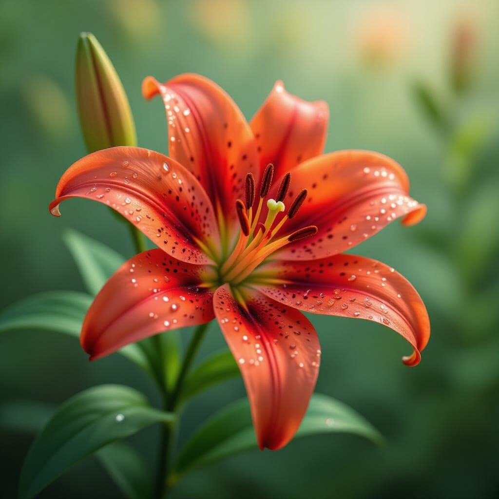 Vibrant Tiger Lily with Dewdrops in Matte Painting Style