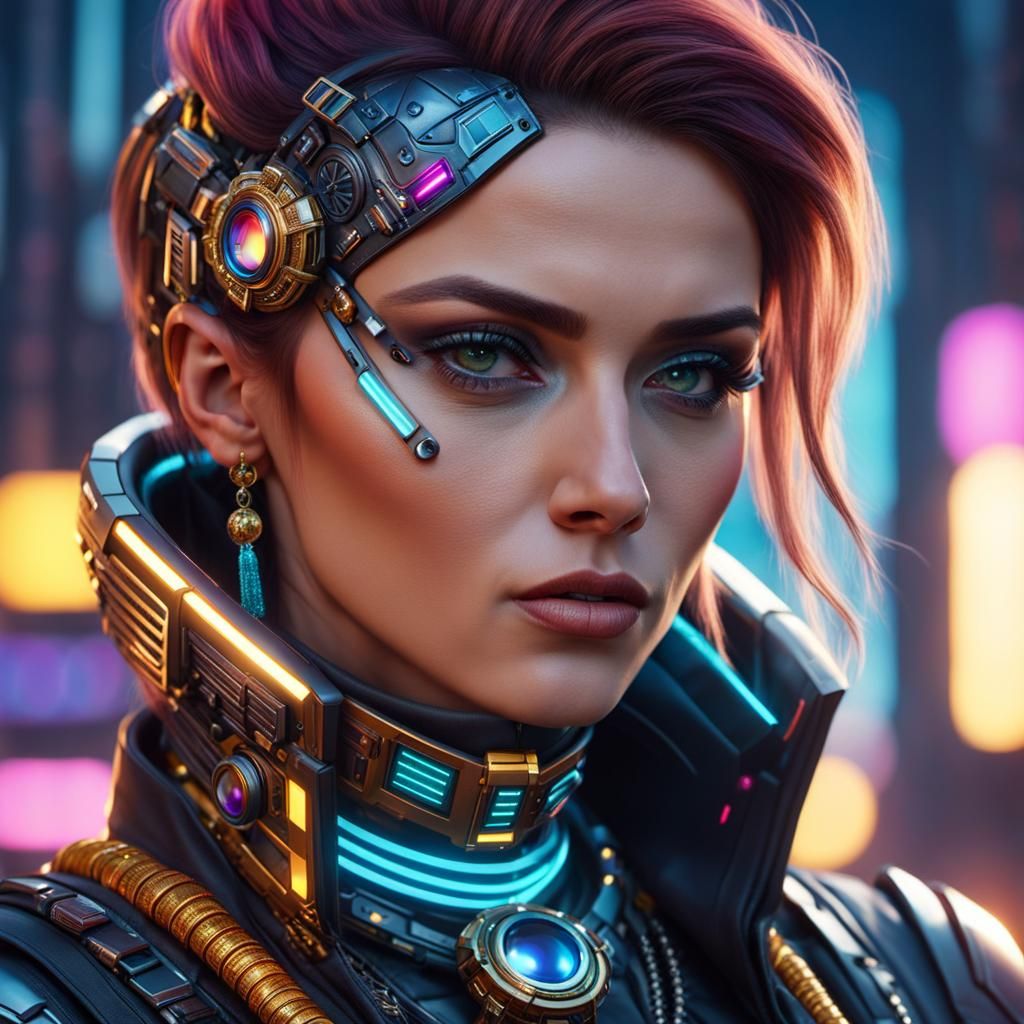 Sci-Fi Glamour Portrait in Cyberpunk City at Golden Hour
