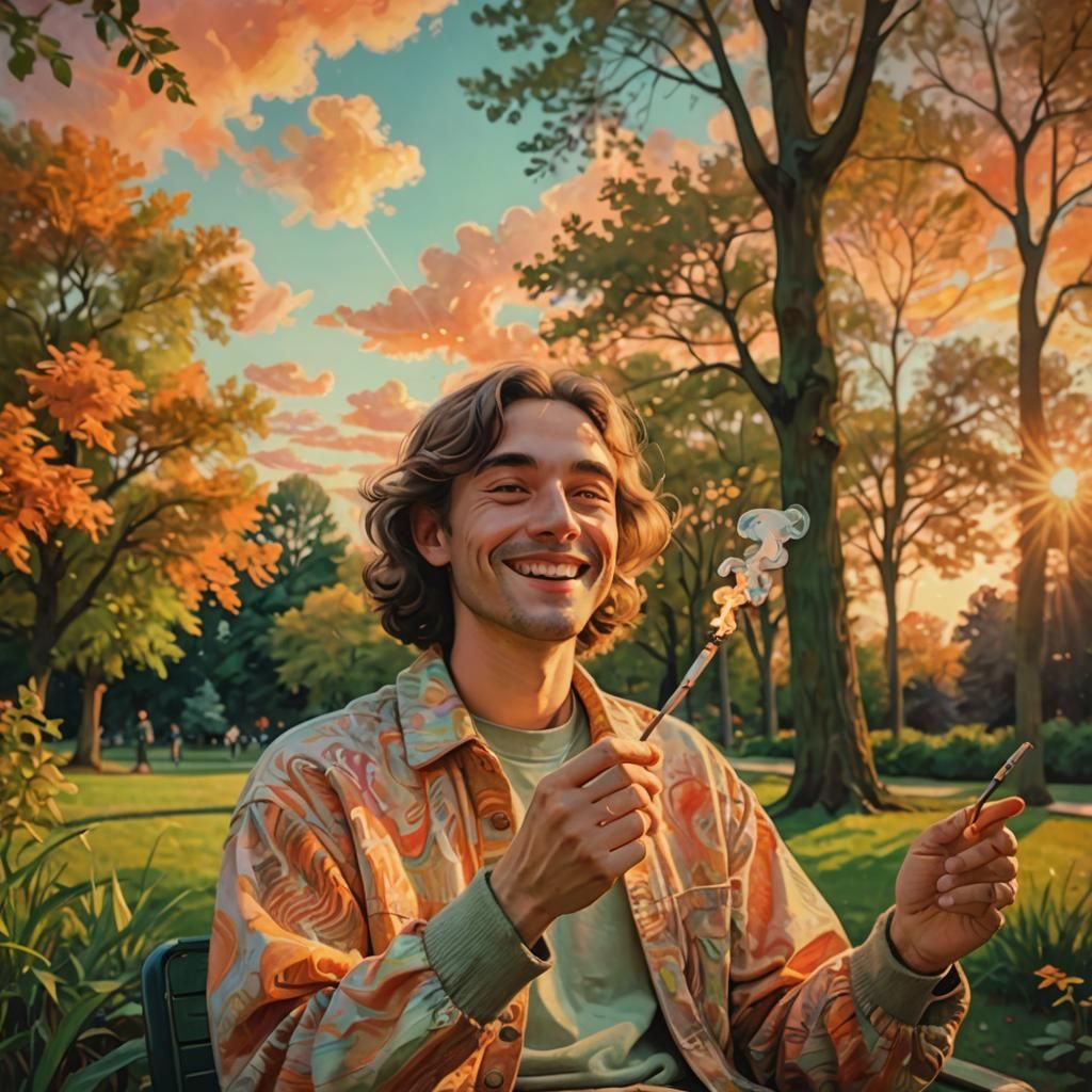 Psychedelic Portrait of a Smoker in a Park