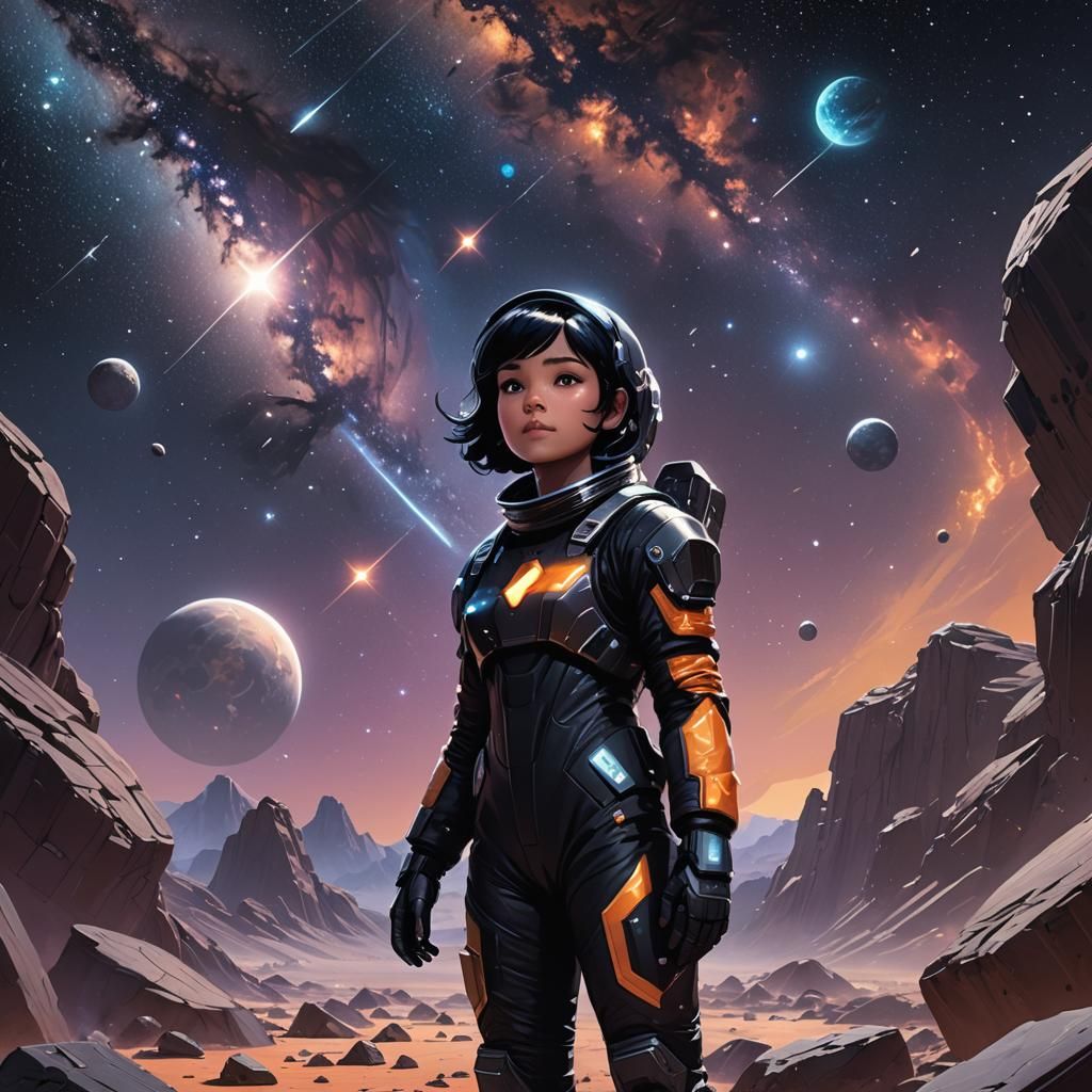 Cute Astronaut Girl in Space, Digital Matte Painting