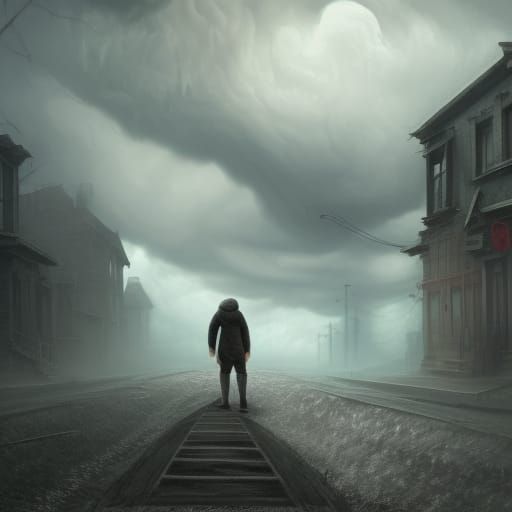 Lonely Man in Abandoned Street: Detailed Matte Painting