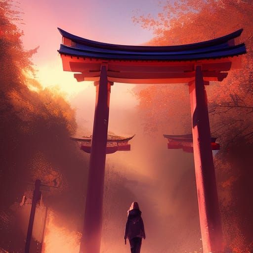 Hyperrealistic Torii Gate at Sunset