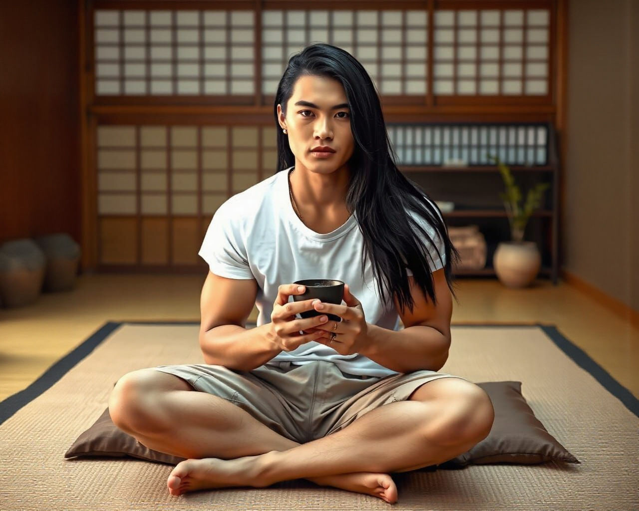 Native American Man Drinking Tea in Japanese Room