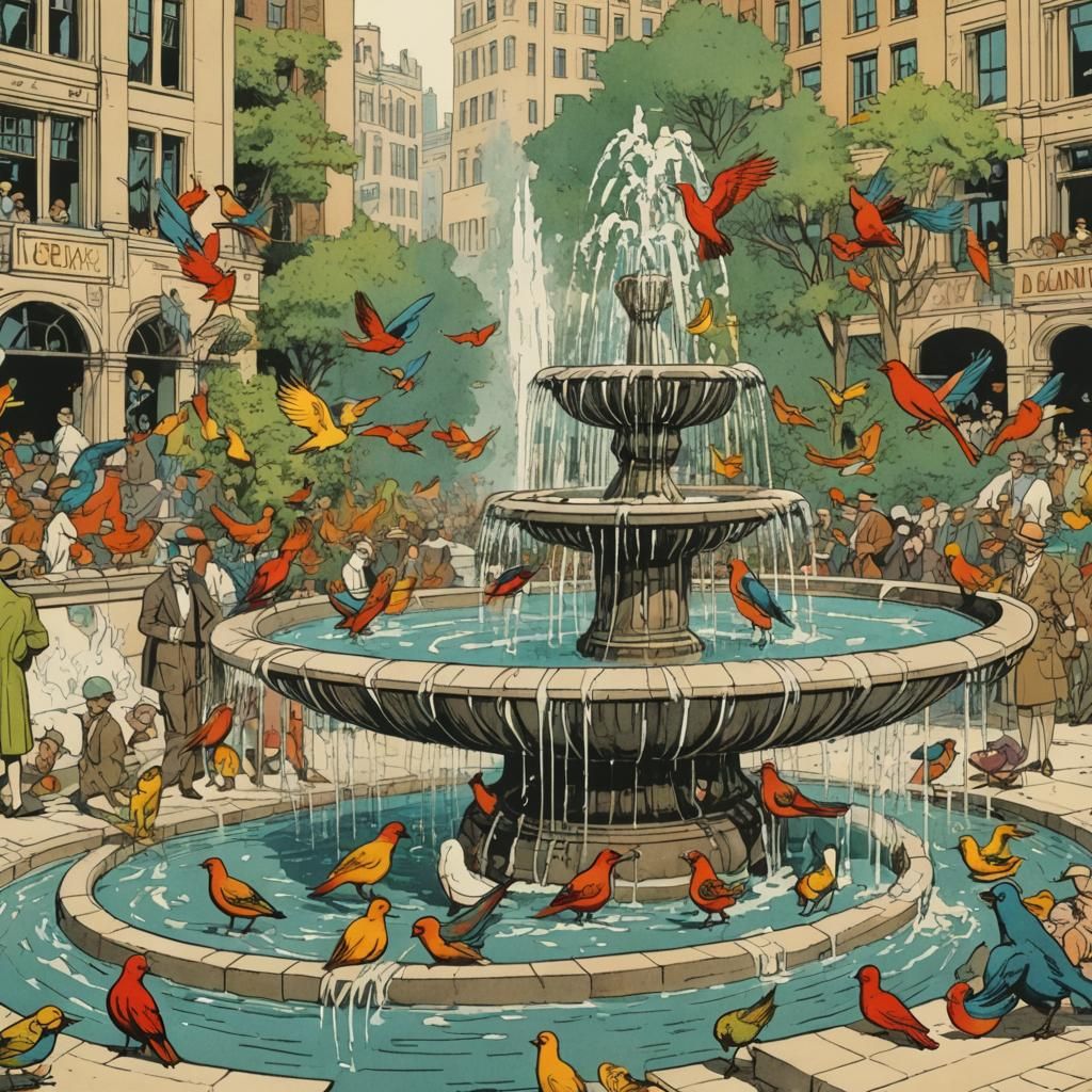 Birds Bathing in Fountain, Golden Age Comic Art