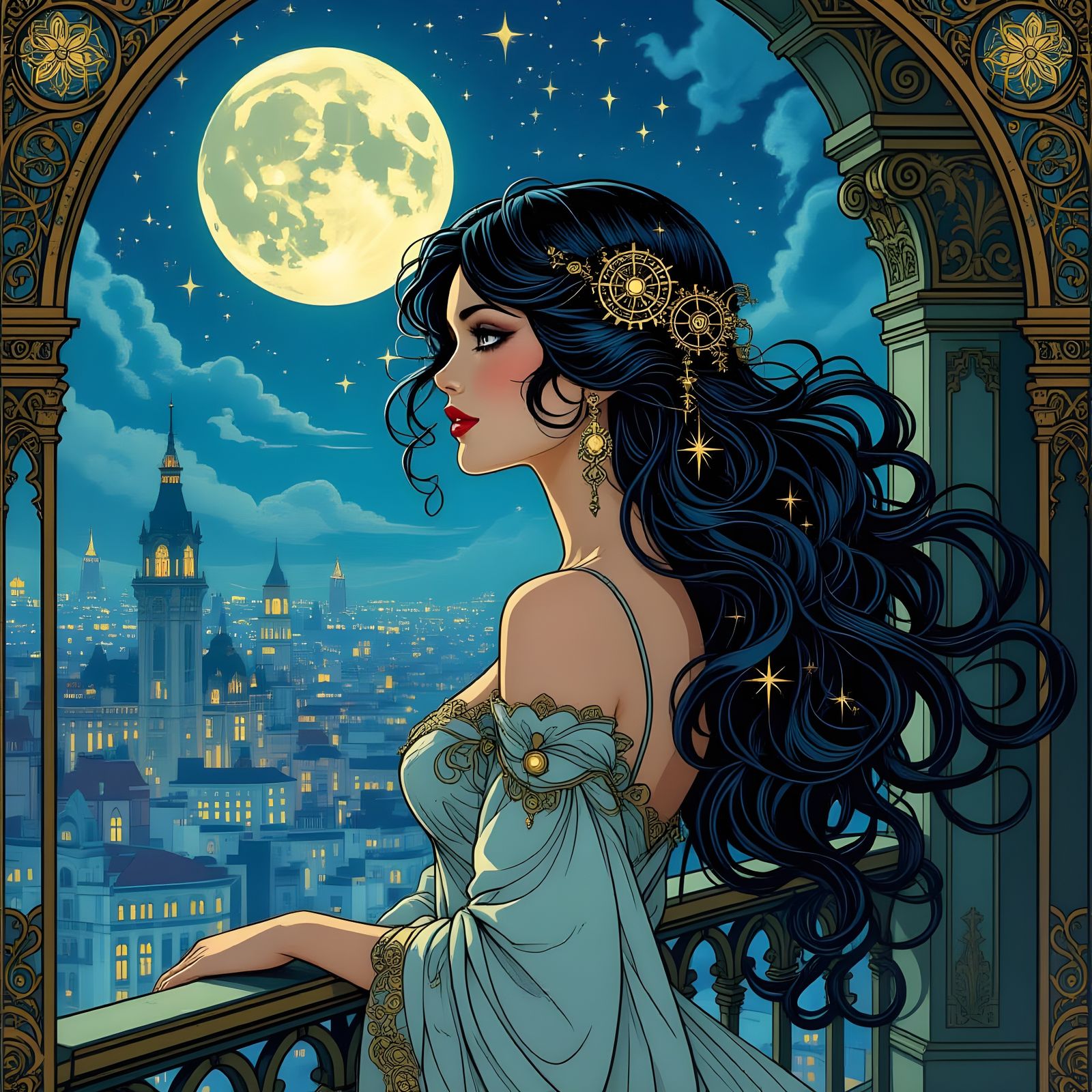 Art Nouveau Woman Overlooking Moonlit Steampunk City
