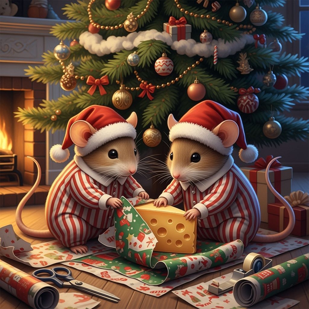 Mice Wrapping Cheese Under Christmas Tree