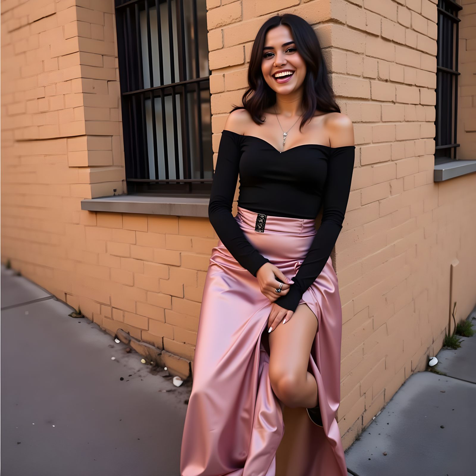 Radiant Woman Poses by Brick Wall in Pink Satin Skirt