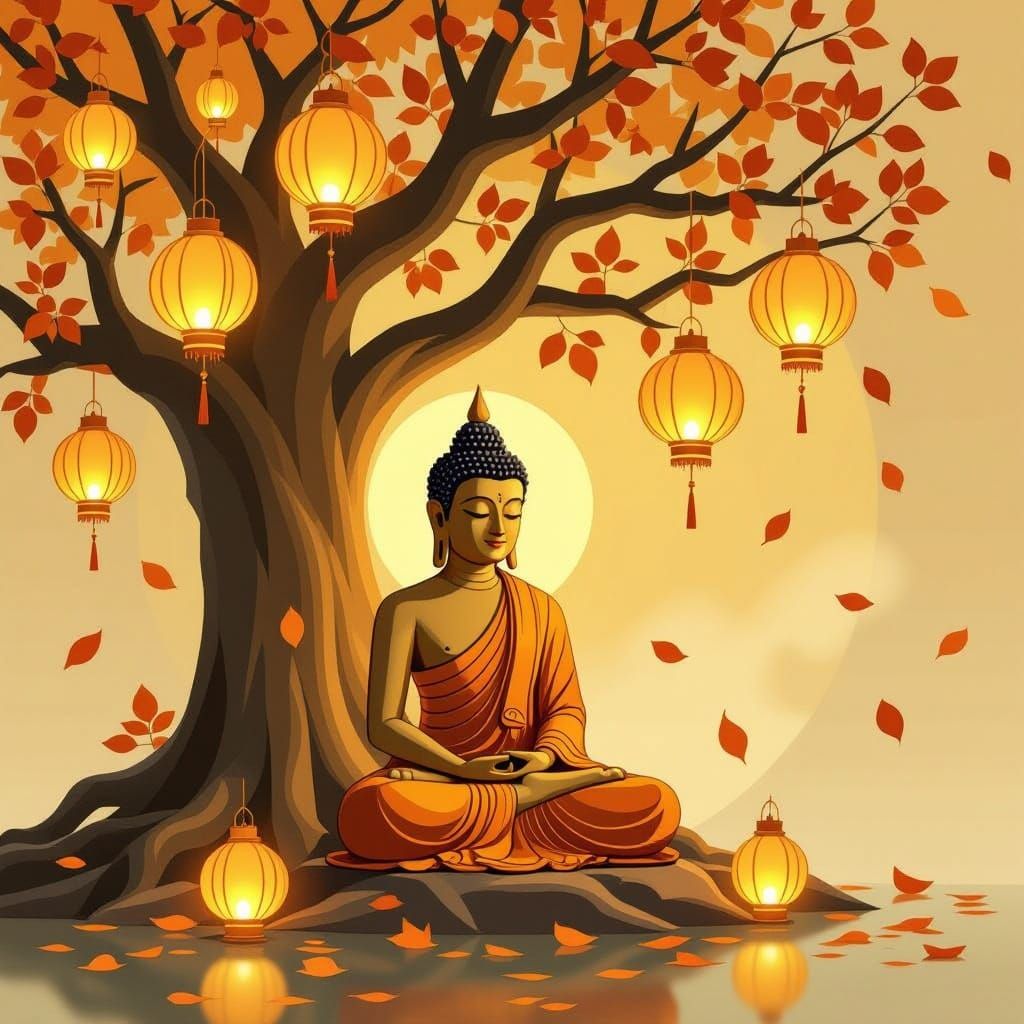 Buddha Under Vesak Lanterns in Golden Thai Art Style