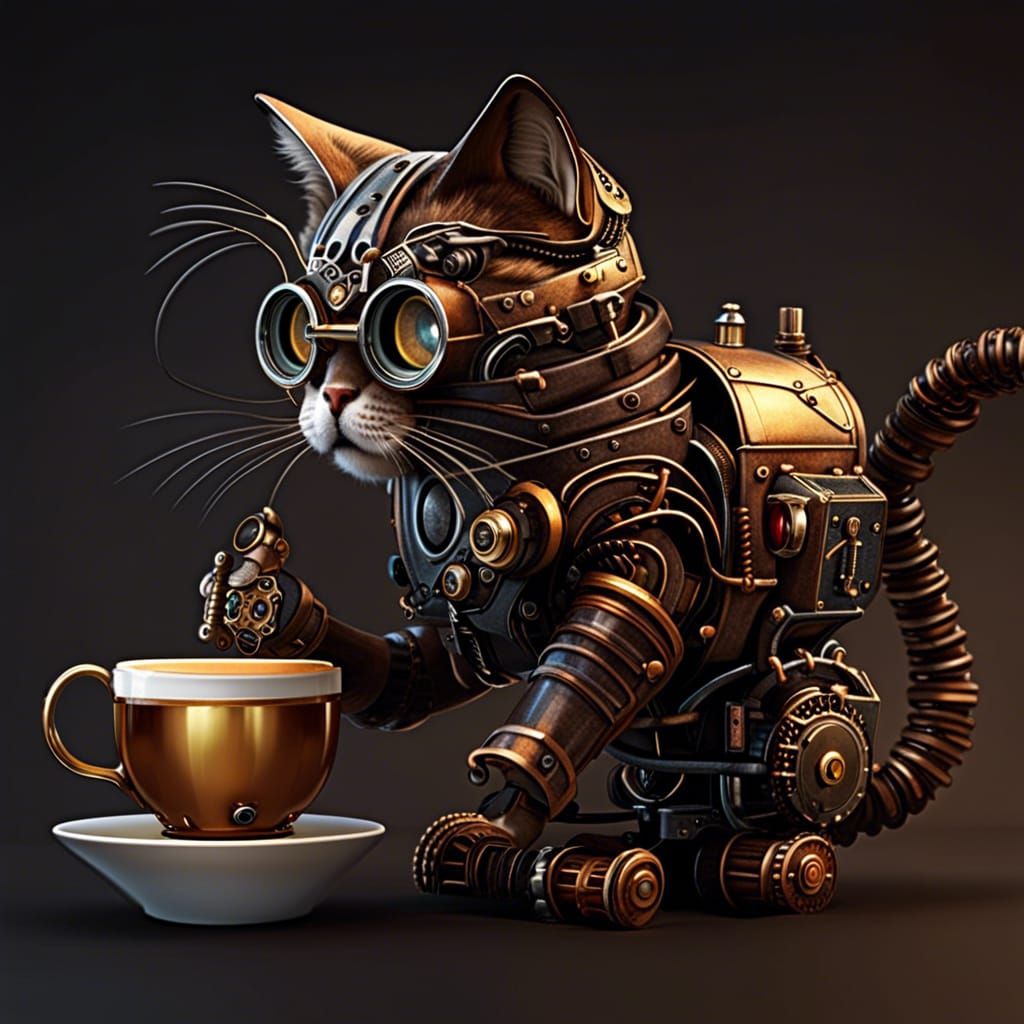 Steampunk Robot Cat with Coffee Mug