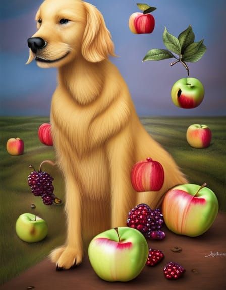 "Apples and Mulberry Golden Retriever Dog" ::digital fantasy character art:: fantasy dog consisting completely Apples::b...