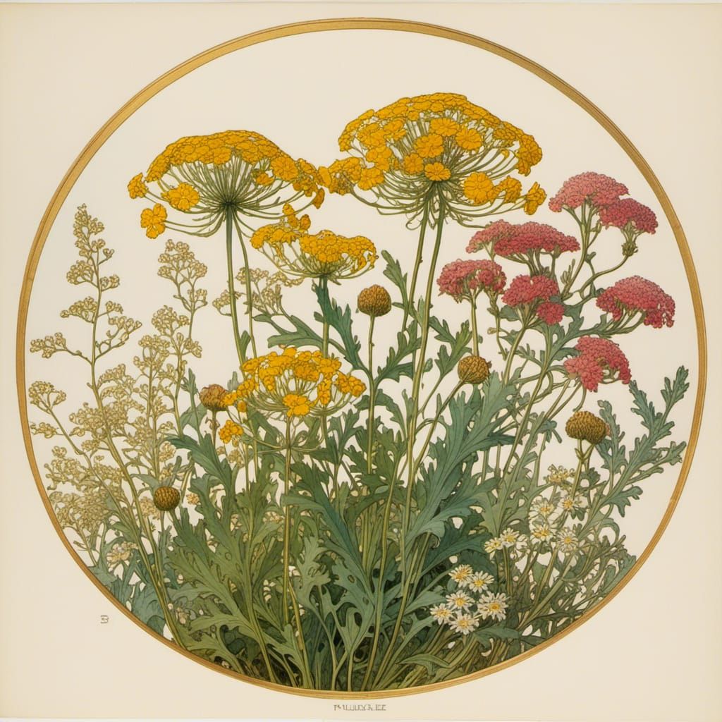 Achillea Millefolium Vintage Botanical Watercolor Drawing