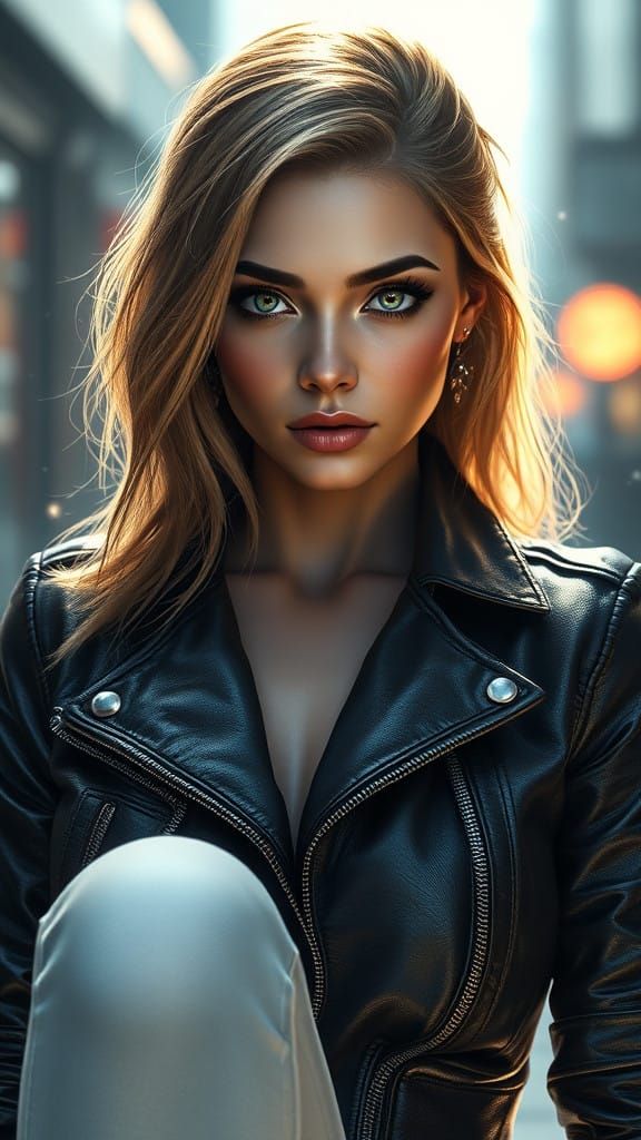 Vibrant Goddess in Leather Suit, Urban Fairy Tale Beauty
