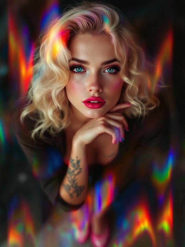 Prismatic Pin-Up Woman with Rainbow Light Effects
