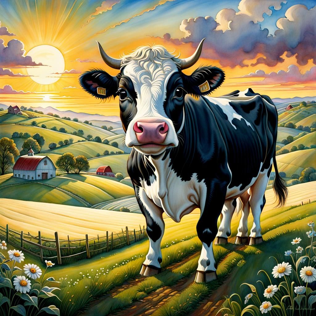 Whimsical Watercolor Cow at Sunrise