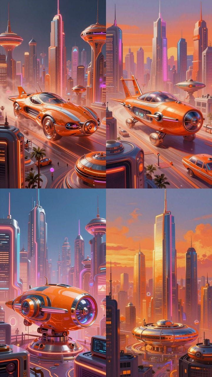 Orange Retro Futurism Cityscape with Neon Skyscrapers