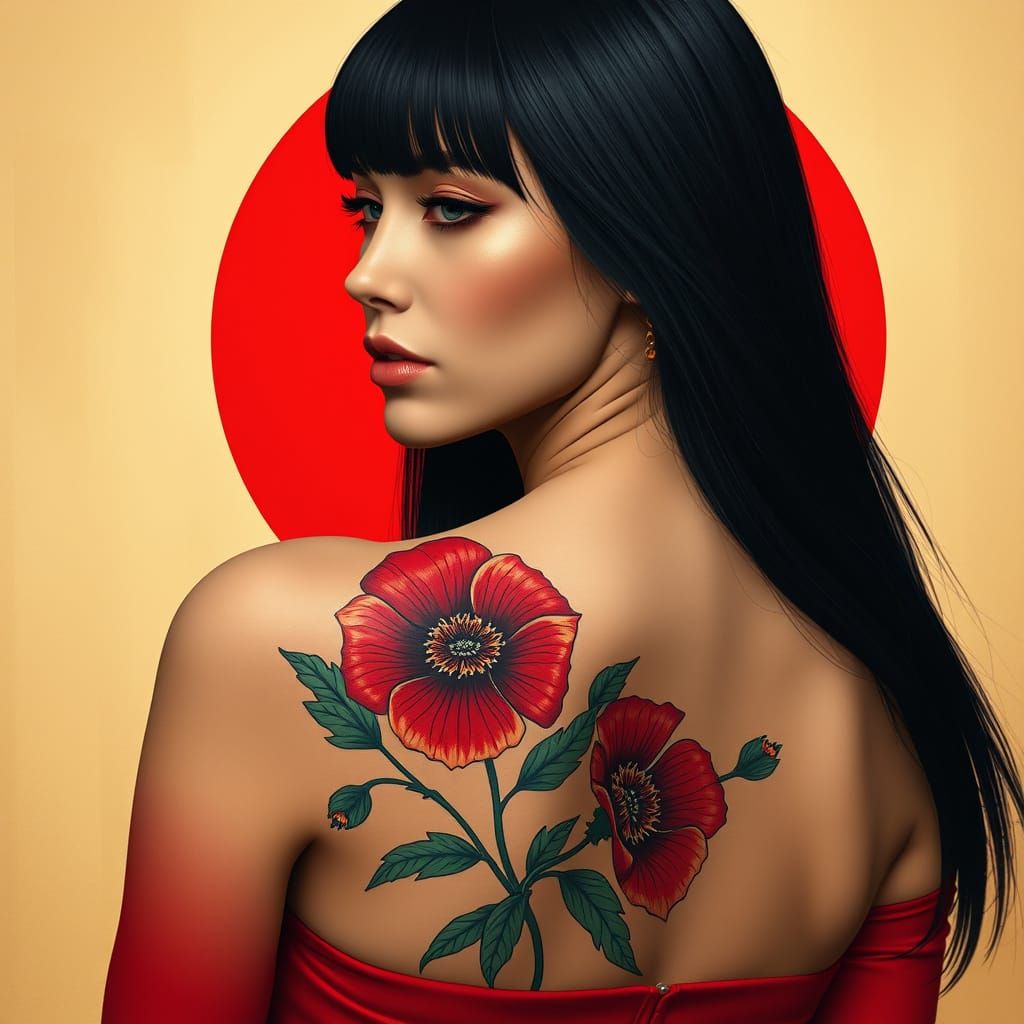Woman with Vibrant Floral Tattoo in Stunning Matte Painting ...