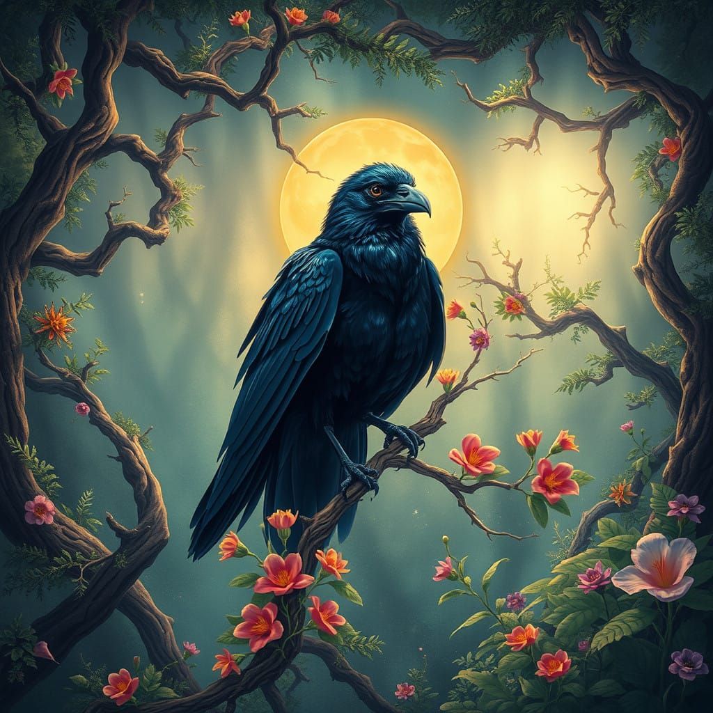 Majestic Crow in Surrealist Forest Illuminated by Ethereal M...