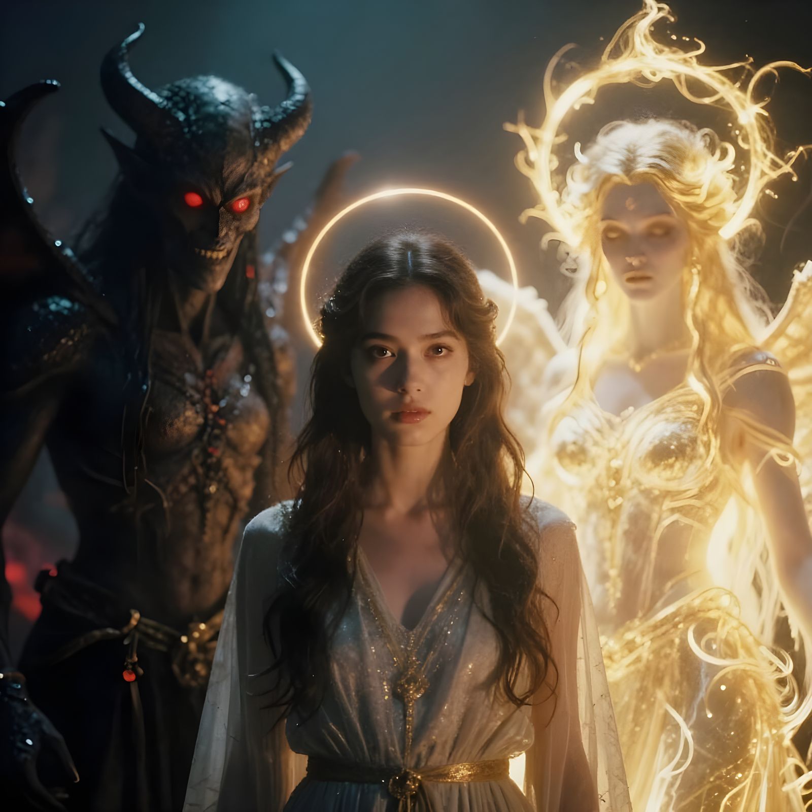 Innocent Figure Between Good and Evil Spirits