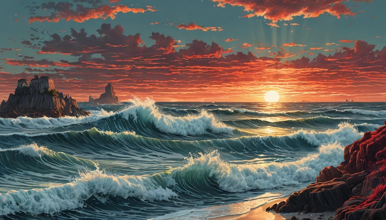 Sunset Sea Engraving Illustration in Greco-Roman Style