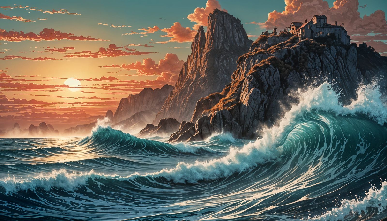 Elegant Sunset Over Water: Engraved Illustration