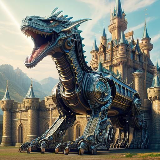 Mechanical Dragon Guarding Castle: Fantasy Illustration