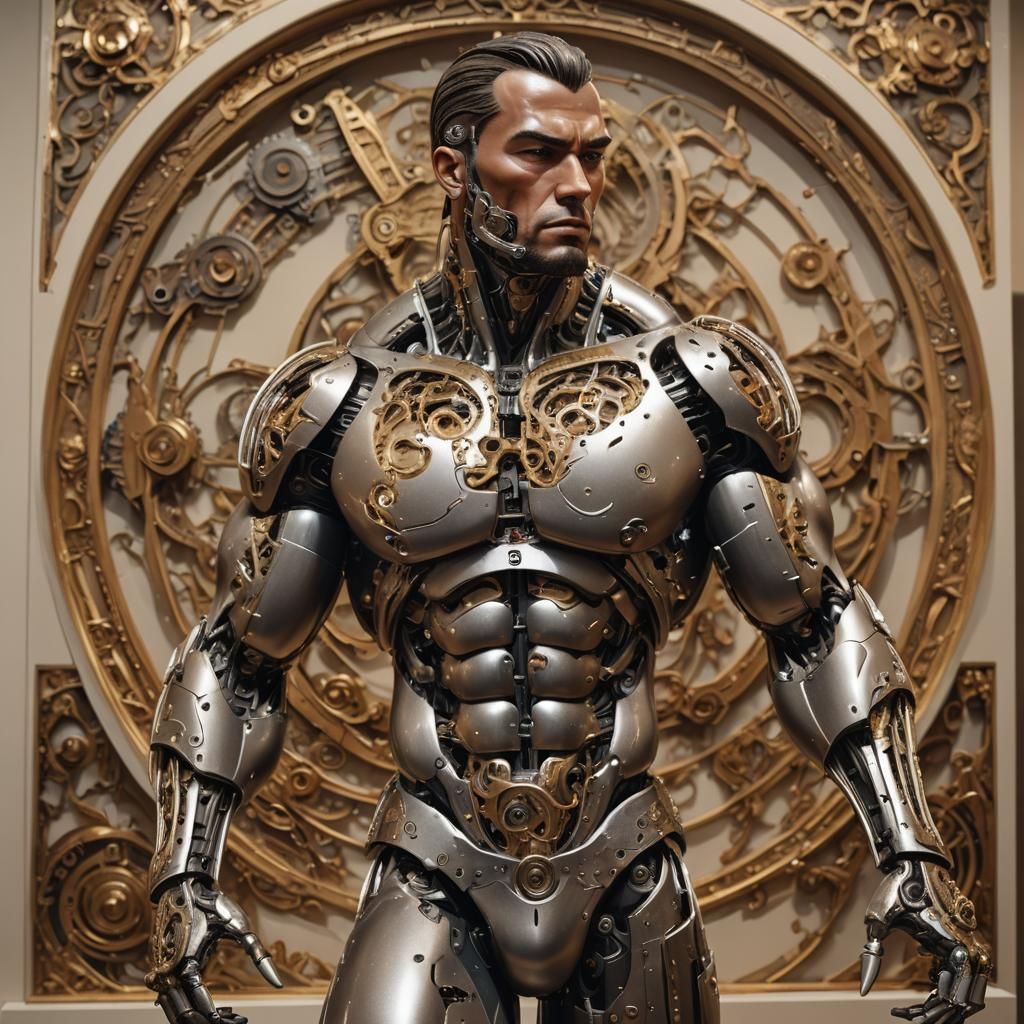 Hyperrealistic Automaton Bodybuilder in Exhibition Display