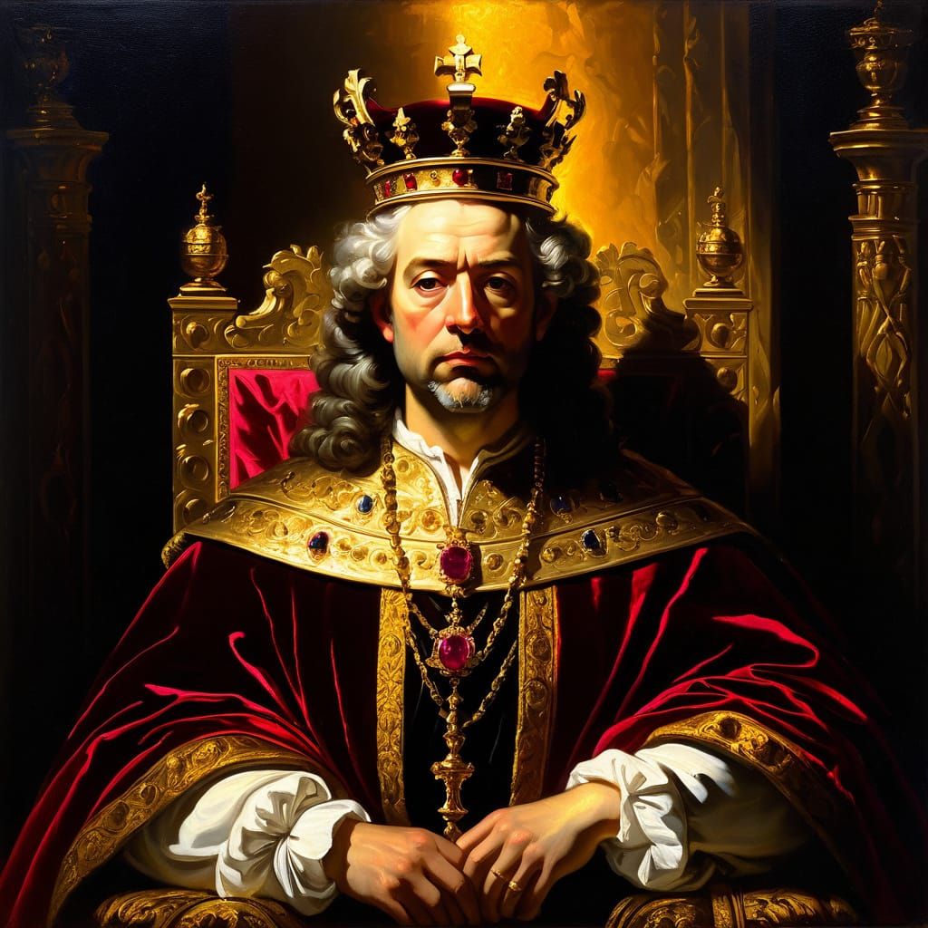 Baroque Painting of Ancient King with Ruby Crown