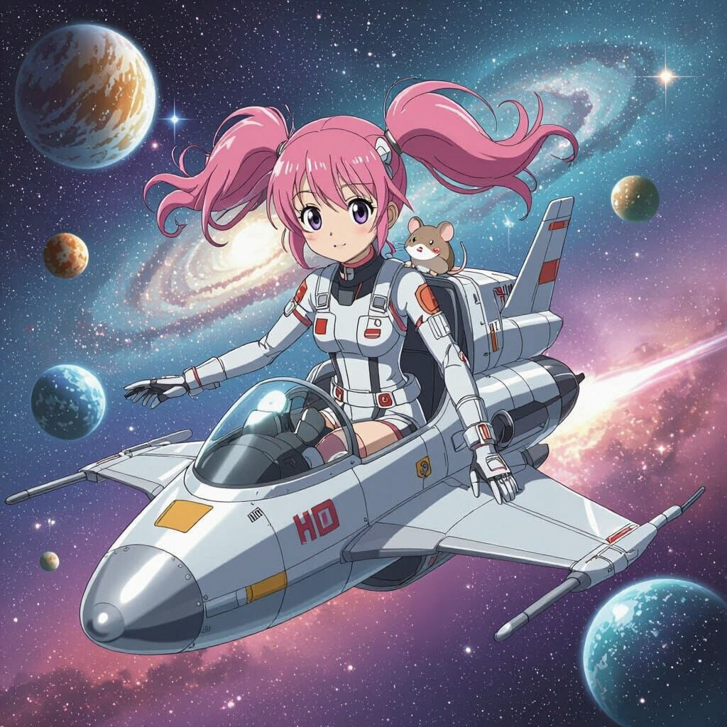 Anime Girl Piloting Spaceship Through Starry Expanse