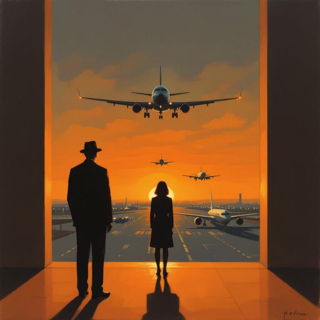 Surreal Oil Painting of Solitary Figure Watching Planes Sink