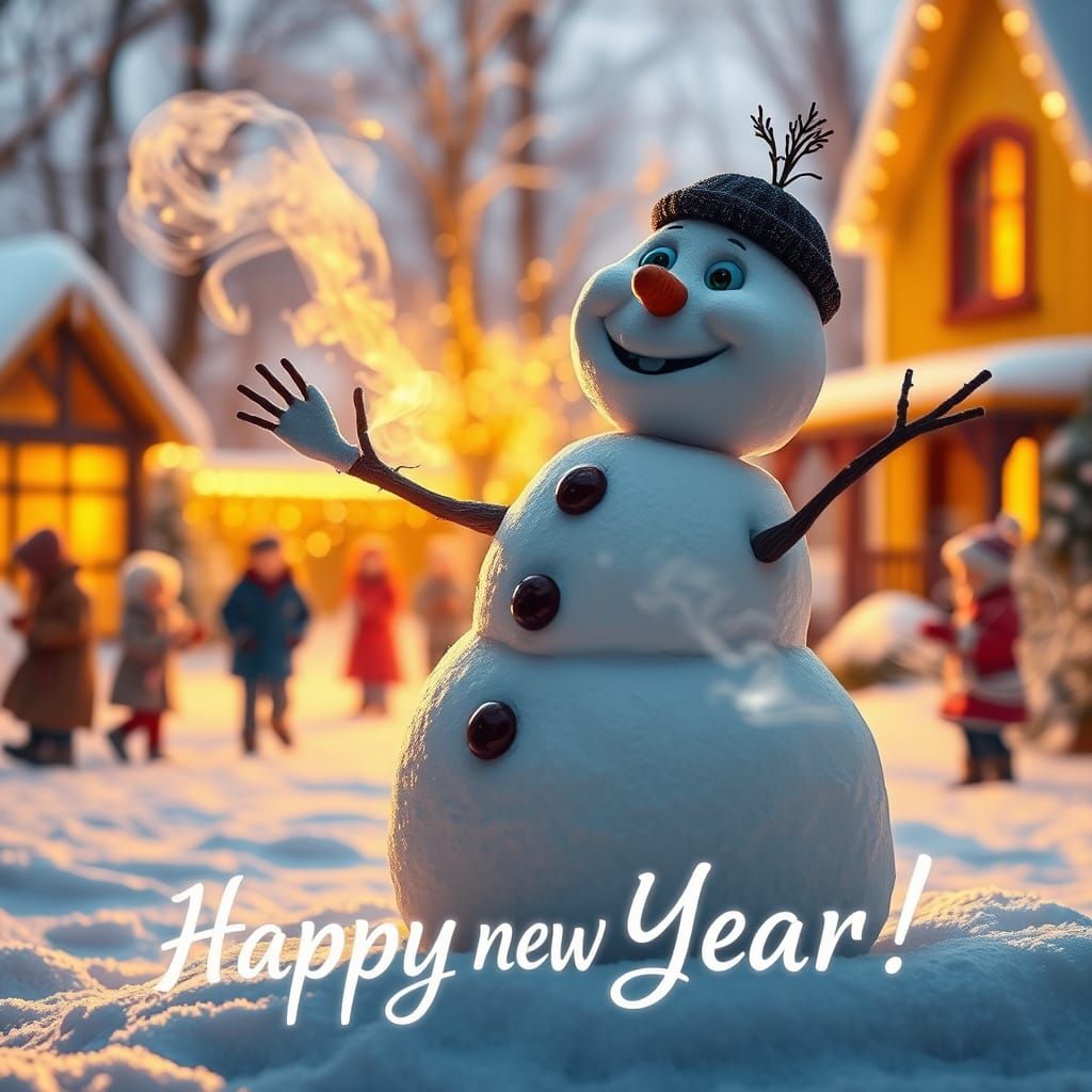 Joyful Snowman Waving in Winter Wonderland, Cinematic Style