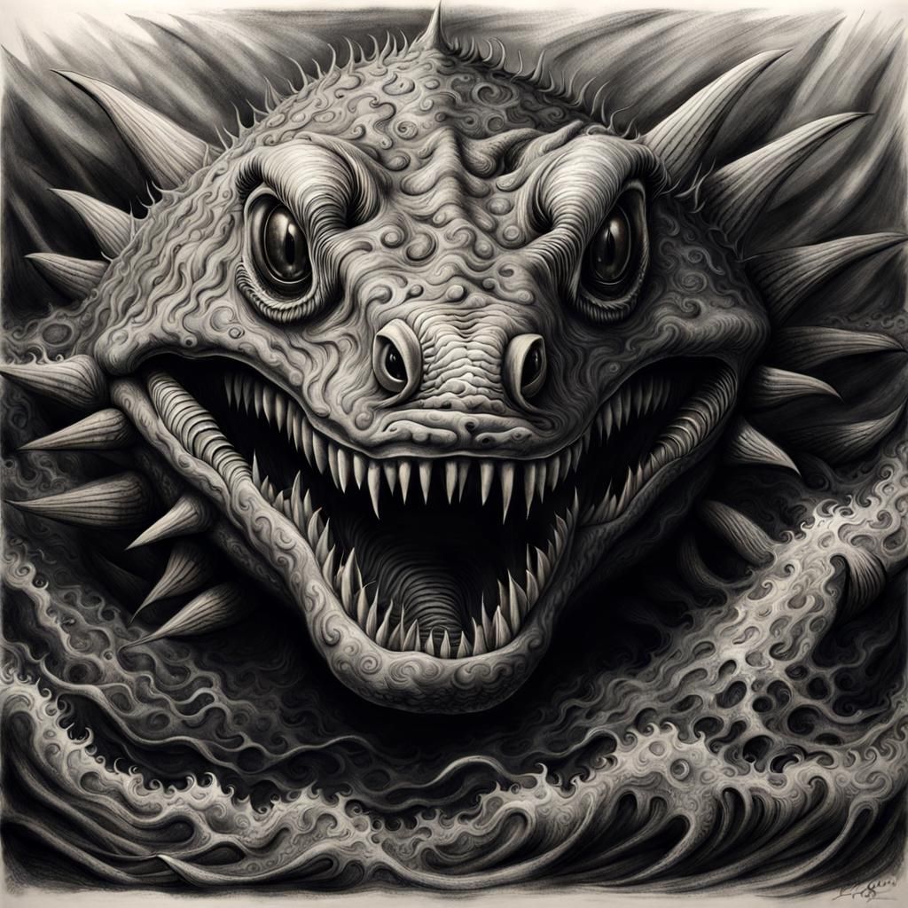 Deep Sea Monster with Sharp Teeth in Charcoal Style