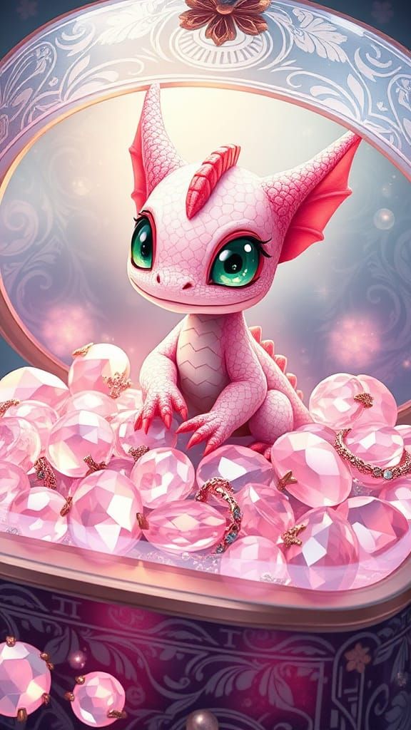Pink Dragon in Glass Jewelry Box, Art Nouveau Style