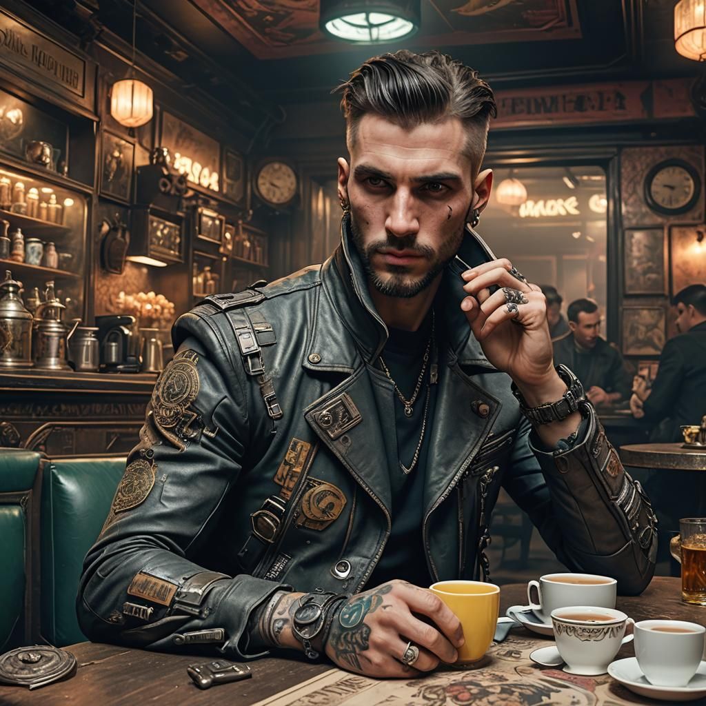 Cyberpunk Model Enjoys Tea in Dystopian Victorian Room