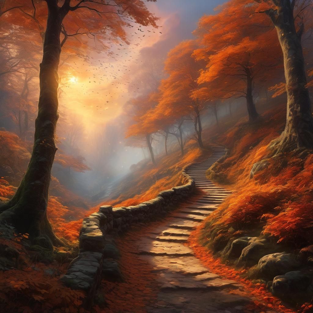 Autumn Sunset: Ethereal Path in Fantasy Forest