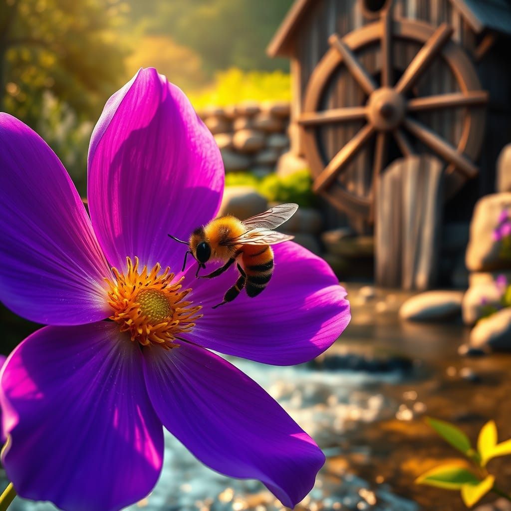 Enchanted Water Mill Scene in Whimsical Style